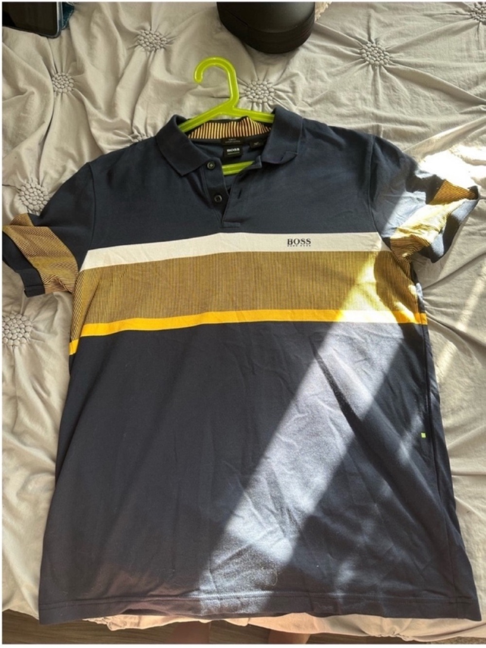 BOSS Navy Polo with White and Yellow Stripes